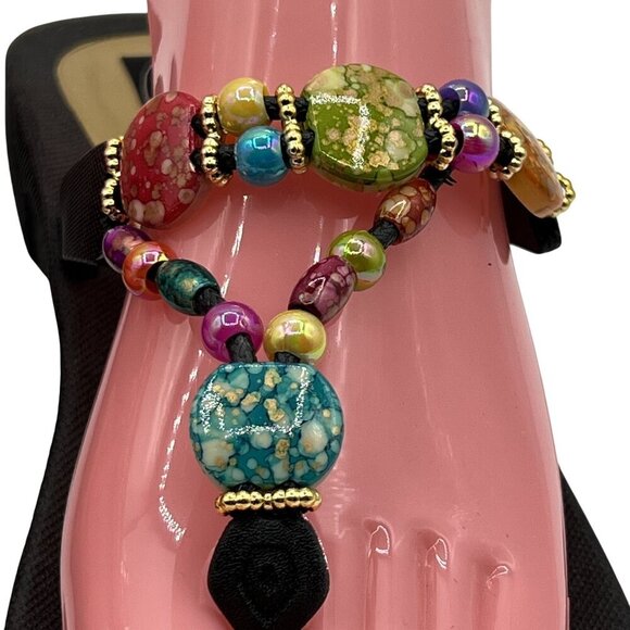 Grandco NEW Thong Sandals Womens 10 Flip Flops Rainbow Beaded Artsy Beach Pool - Picture 1 of 11